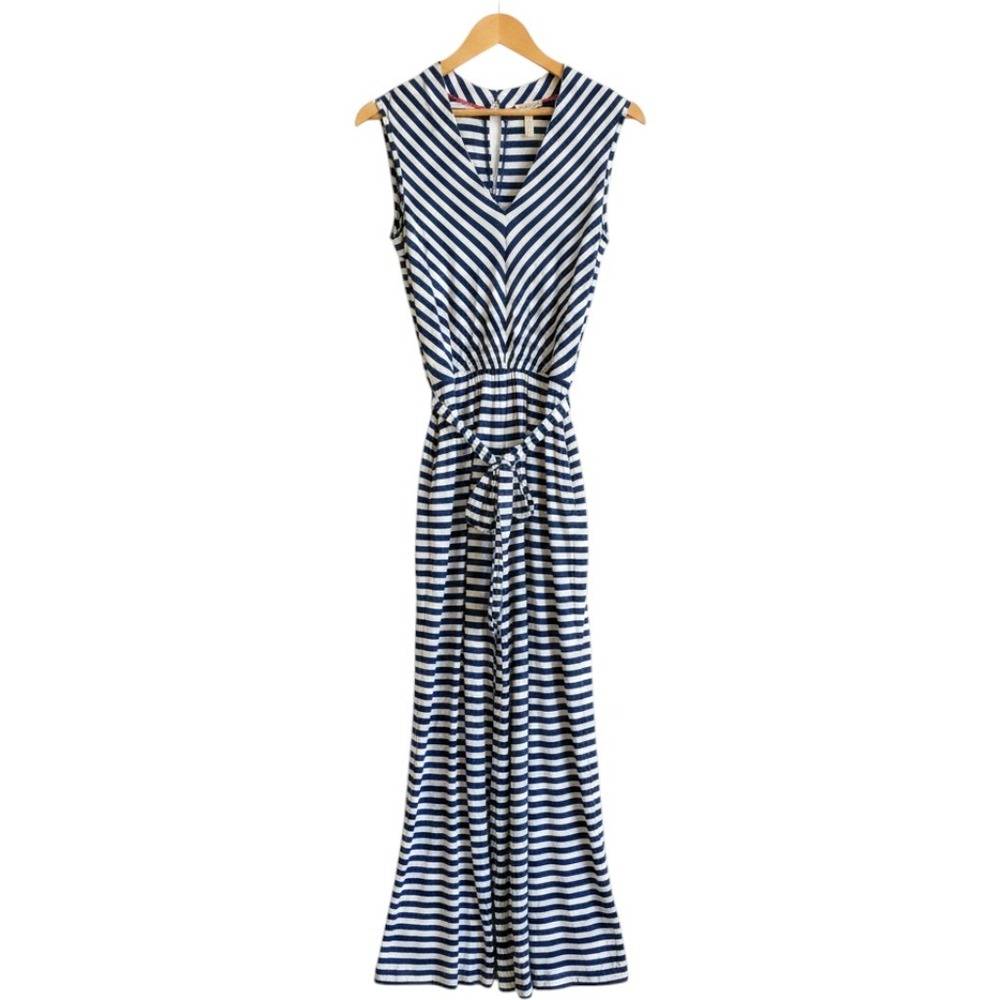 Matilda Jane Joanna Gaines Womens Navy Striped Wide Leg Jumpsuit Medium V-Neck